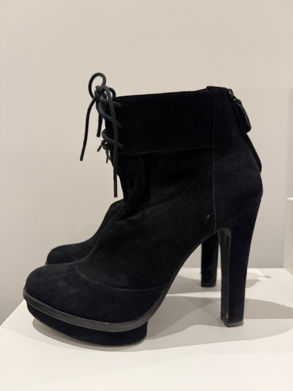 Elizabeth and James Black Suede Lace-Up Platform Ankle Boots